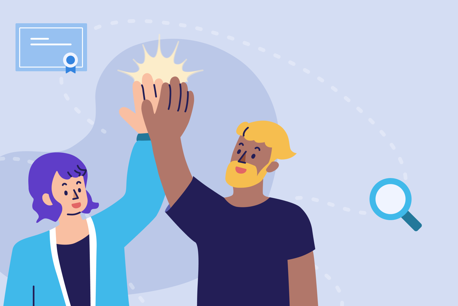balance_entrepreneurial_ambition_with_relationship_goals An illustration of a man and a woman high fiving