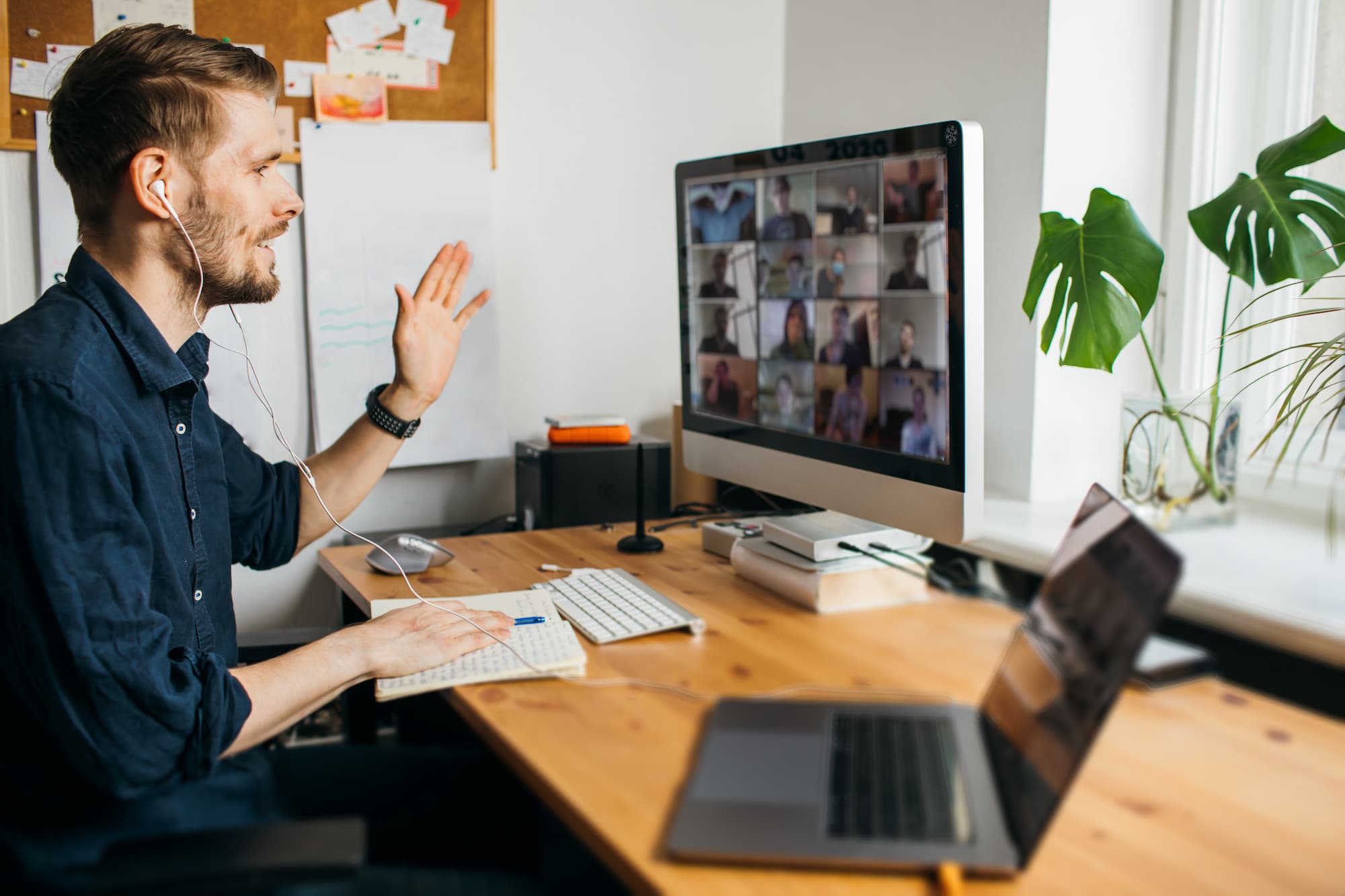 small-business-introduction-examples A young man uses small business introduction examples to pitch his new company on a web call