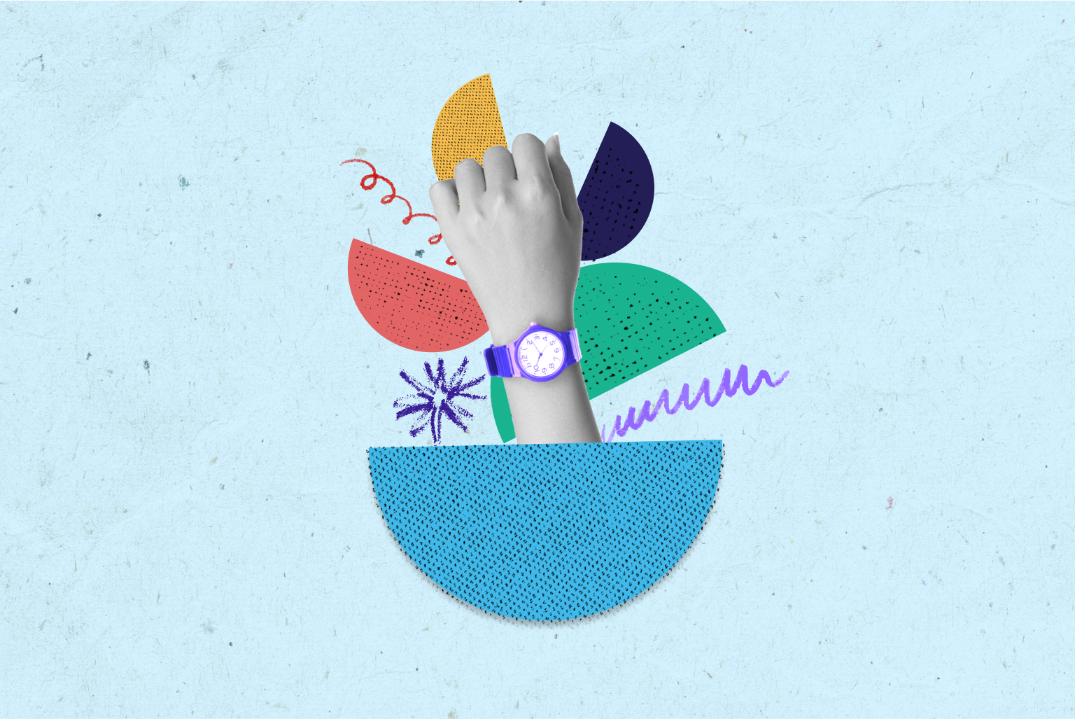 save-time-as-an-entrepreneur A hand wearing a watch rises up from an ullustrated background