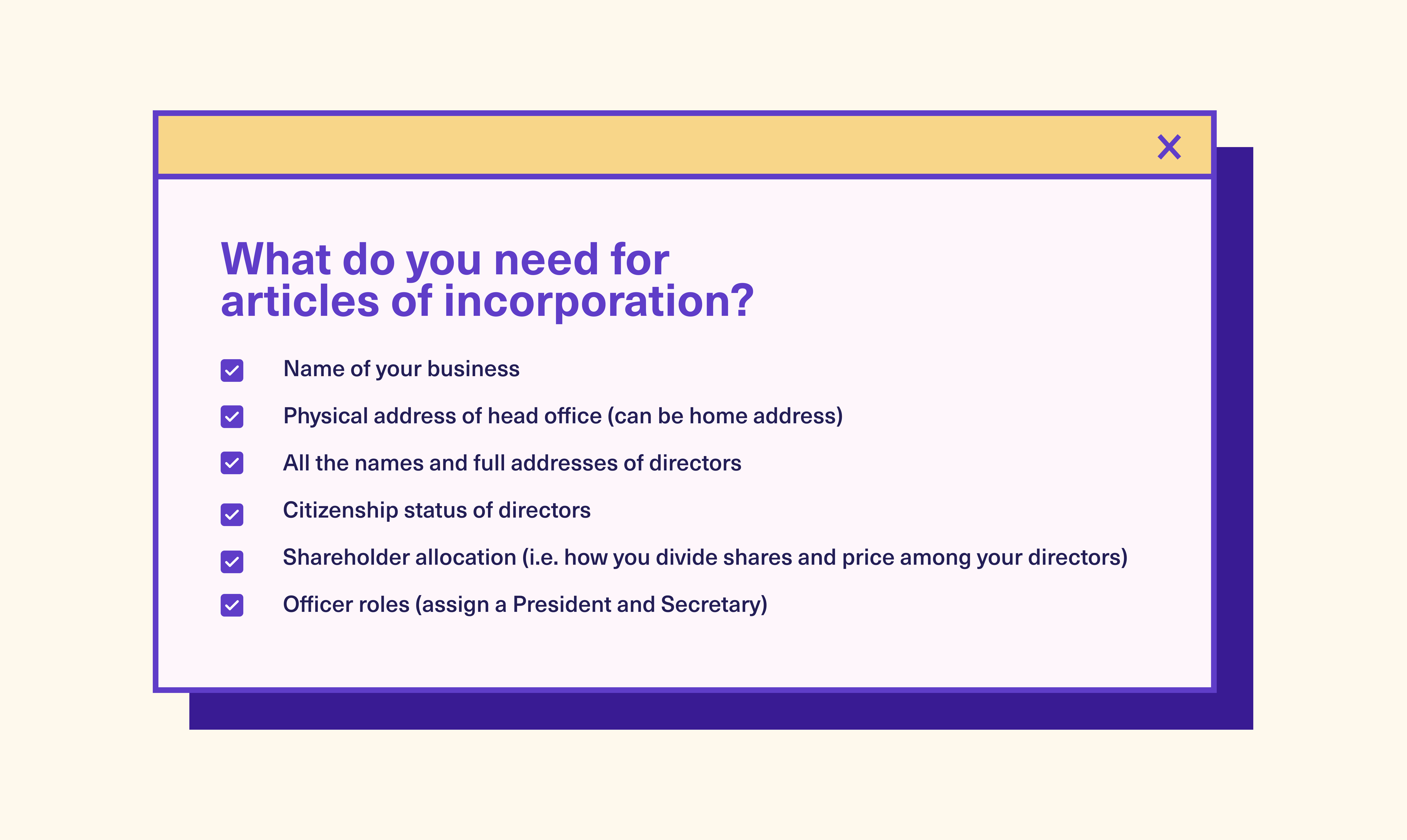 A checklist showing what you need for articles of incorporation